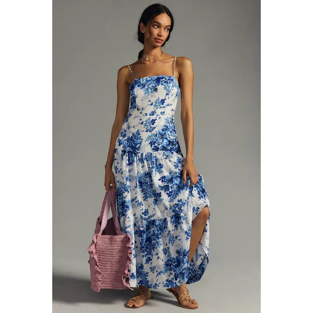 Anthropologie Maeve Linen Blend Blue Floral Drop-Waist Maxi Dress Size XXS